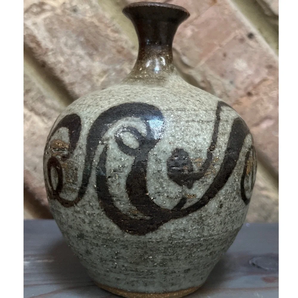 Vtg Signed Studio Pottery Bud Vase Abstract Swirl Stoneware 5